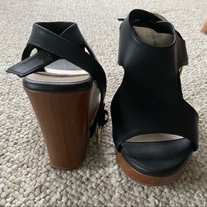 Black leather wedge peep toe sandal